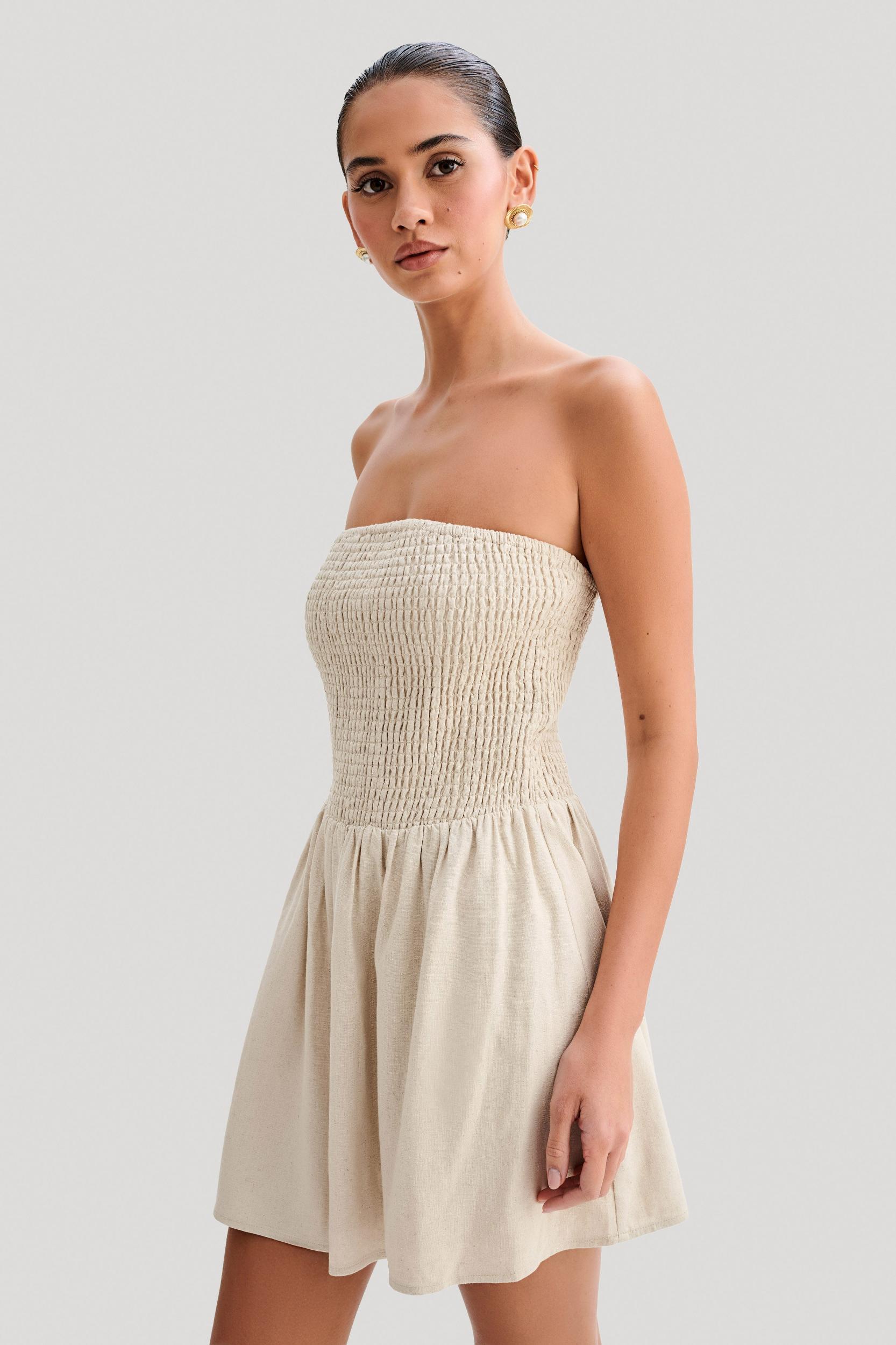 Holland Linen Shirring Mini Dress - Natural Product Image