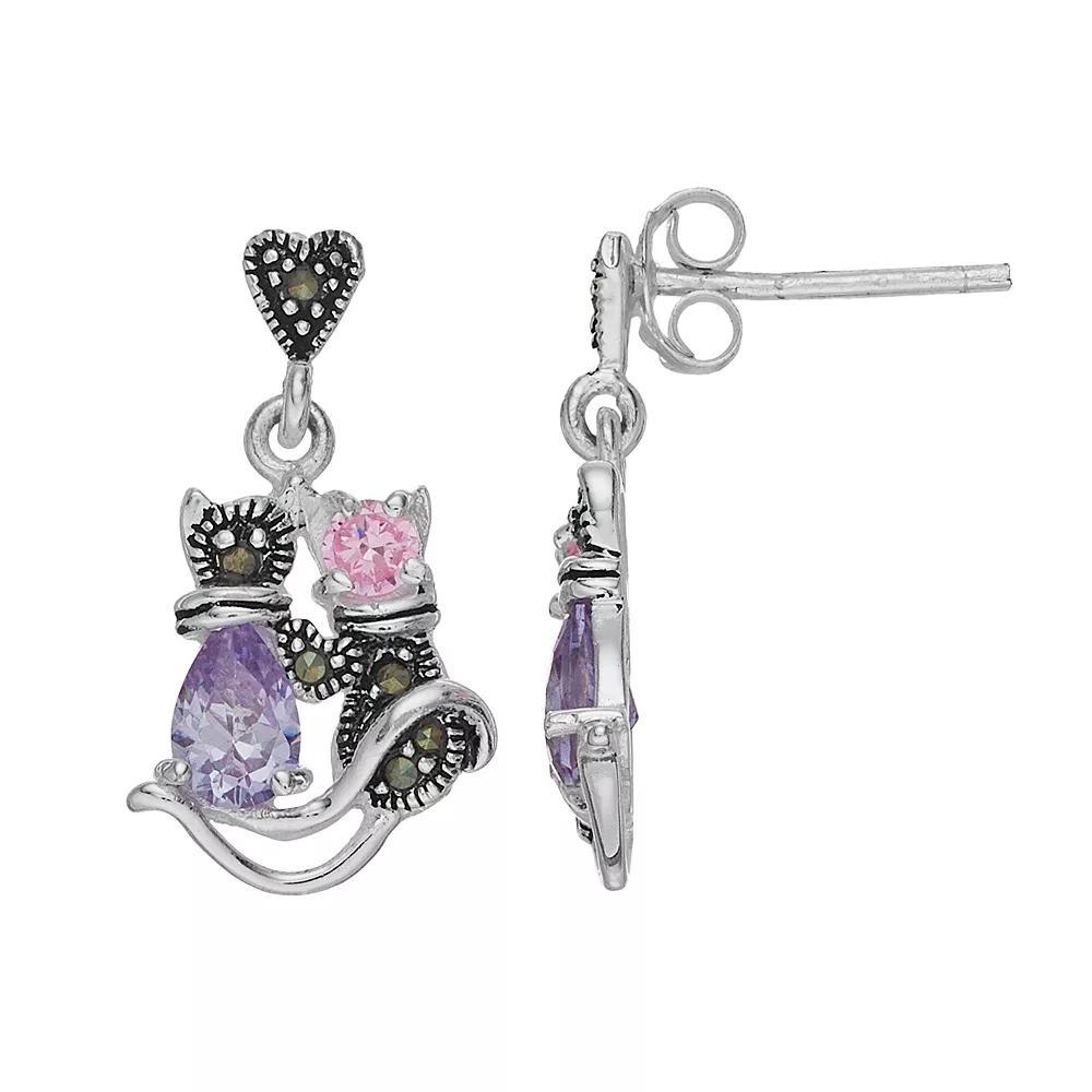 Tori Hill Sterling Silver Cubic Zirconia & Marcasite Cat Drop Earrings, Women's Product Image