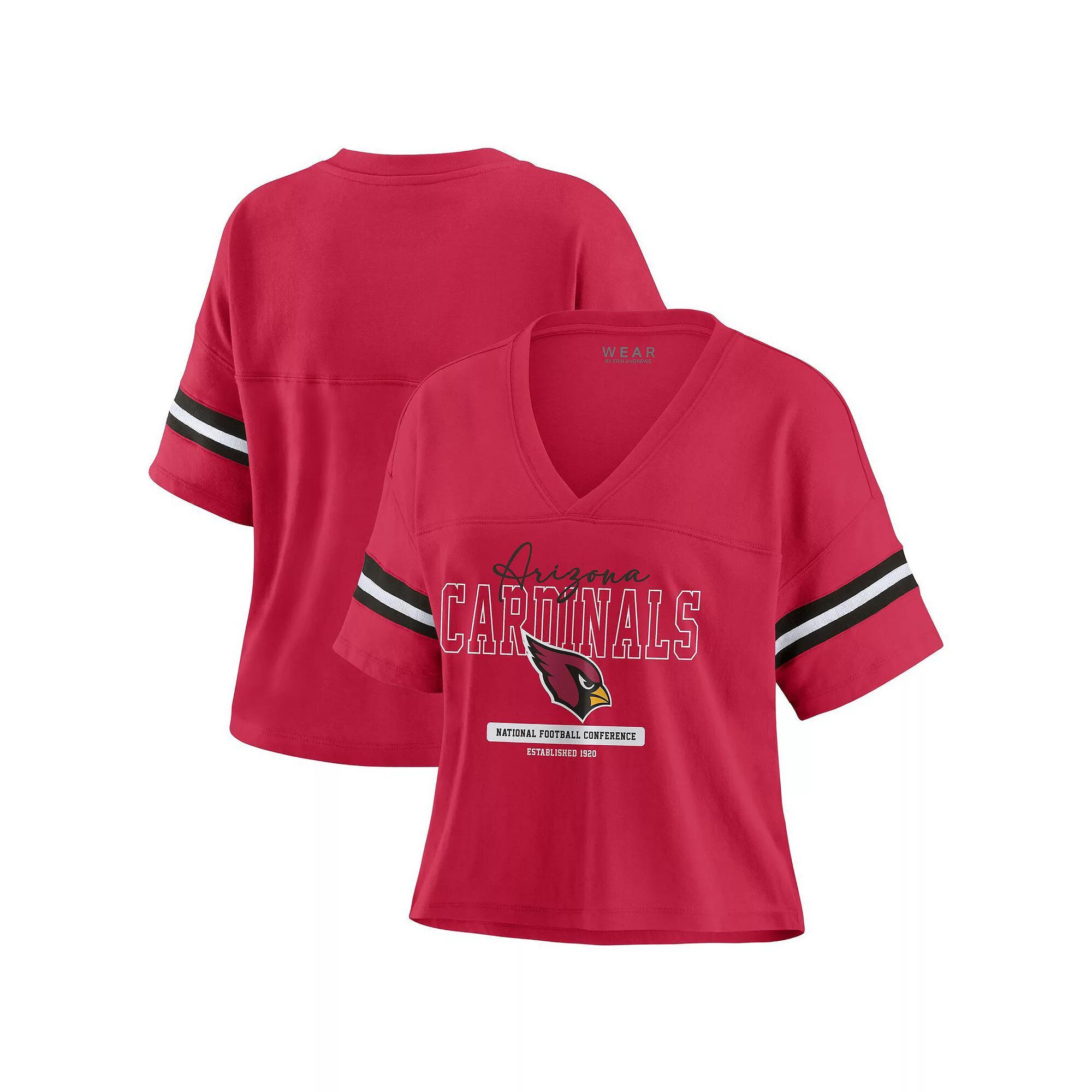 Women's WEAR by Erin Andrews Cardinal Arizona Cardinals Color Block Boxy Modest Crop V-Neck T-Shirt, Size: 2XL, Red Product Image