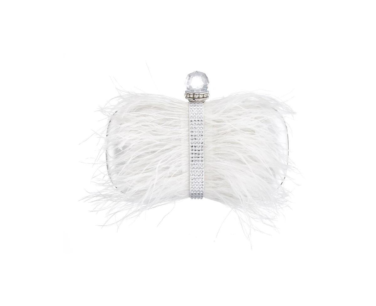 Womens Feather Embellished Minaudiere Clutch Product Image