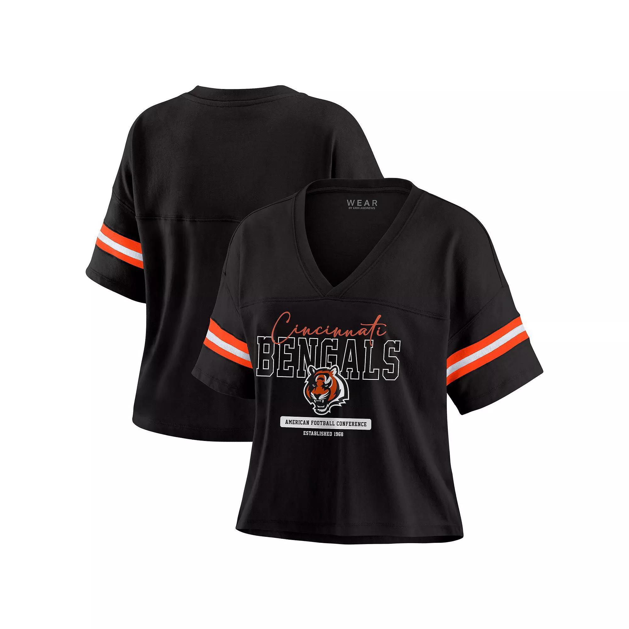 Women's WEAR by Erin Andrews Black Cincinnati Bengals Color Block Boxy Modest Crop V-Neck T-Shirt, Size: XL Product Image