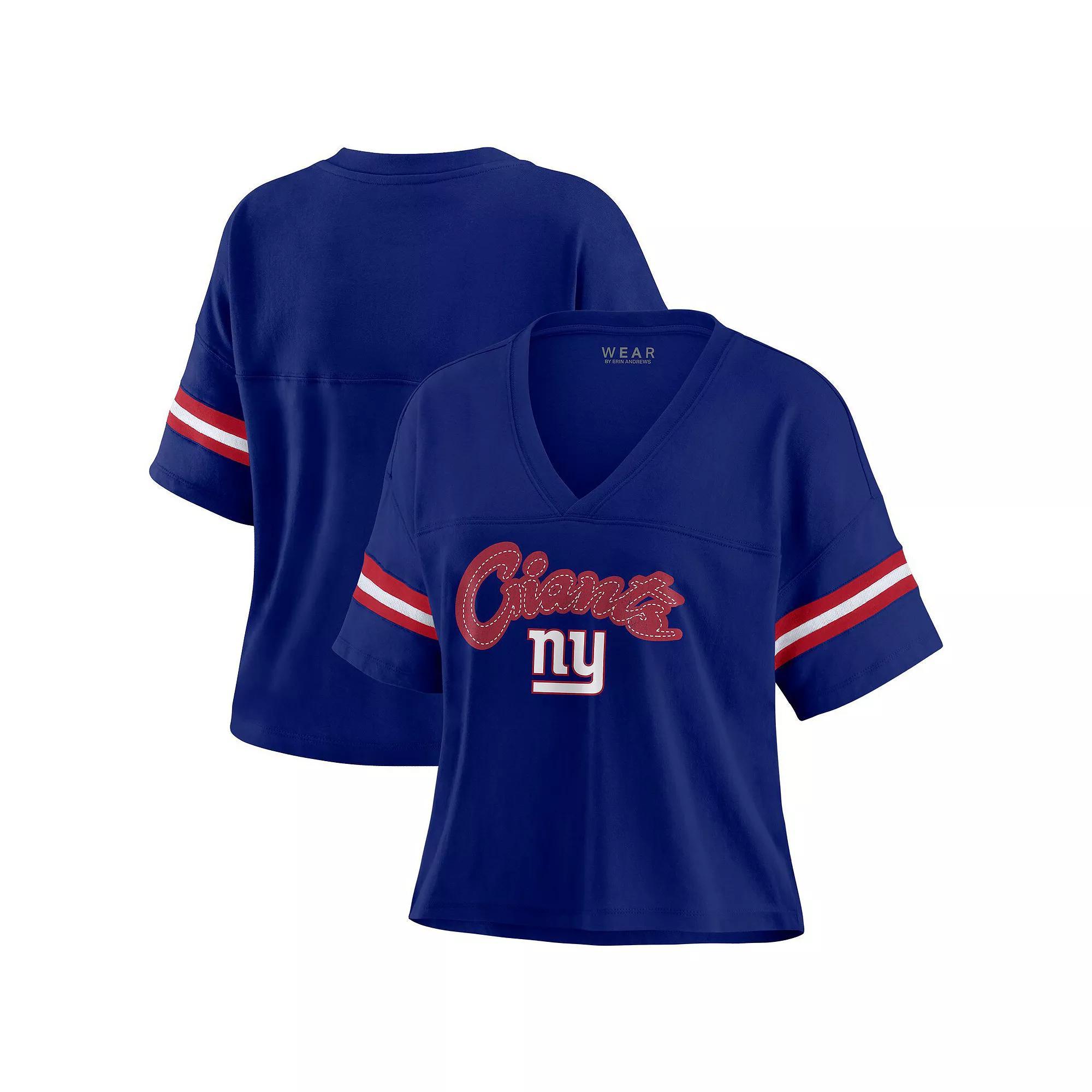 Women's WEAR by Erin Andrews Navy New York Giants Color Block Boxy V-Neck T-Shirt, Size: Small, Blue Product Image