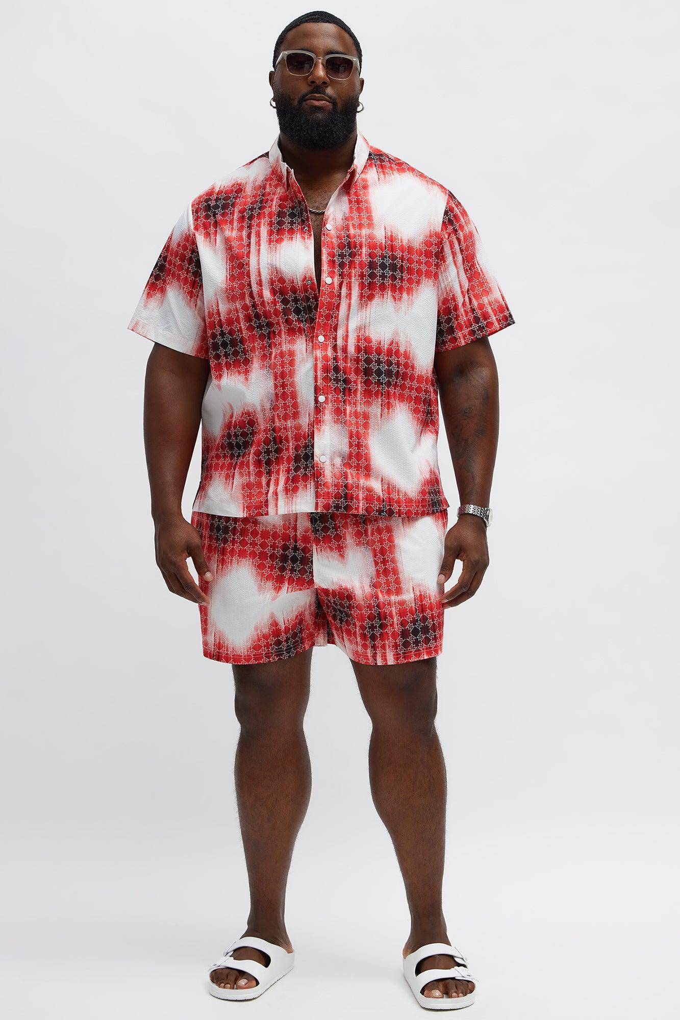 Seersucker Tie Dye Printed Closed Collar Shirt - Red/combo Product Image