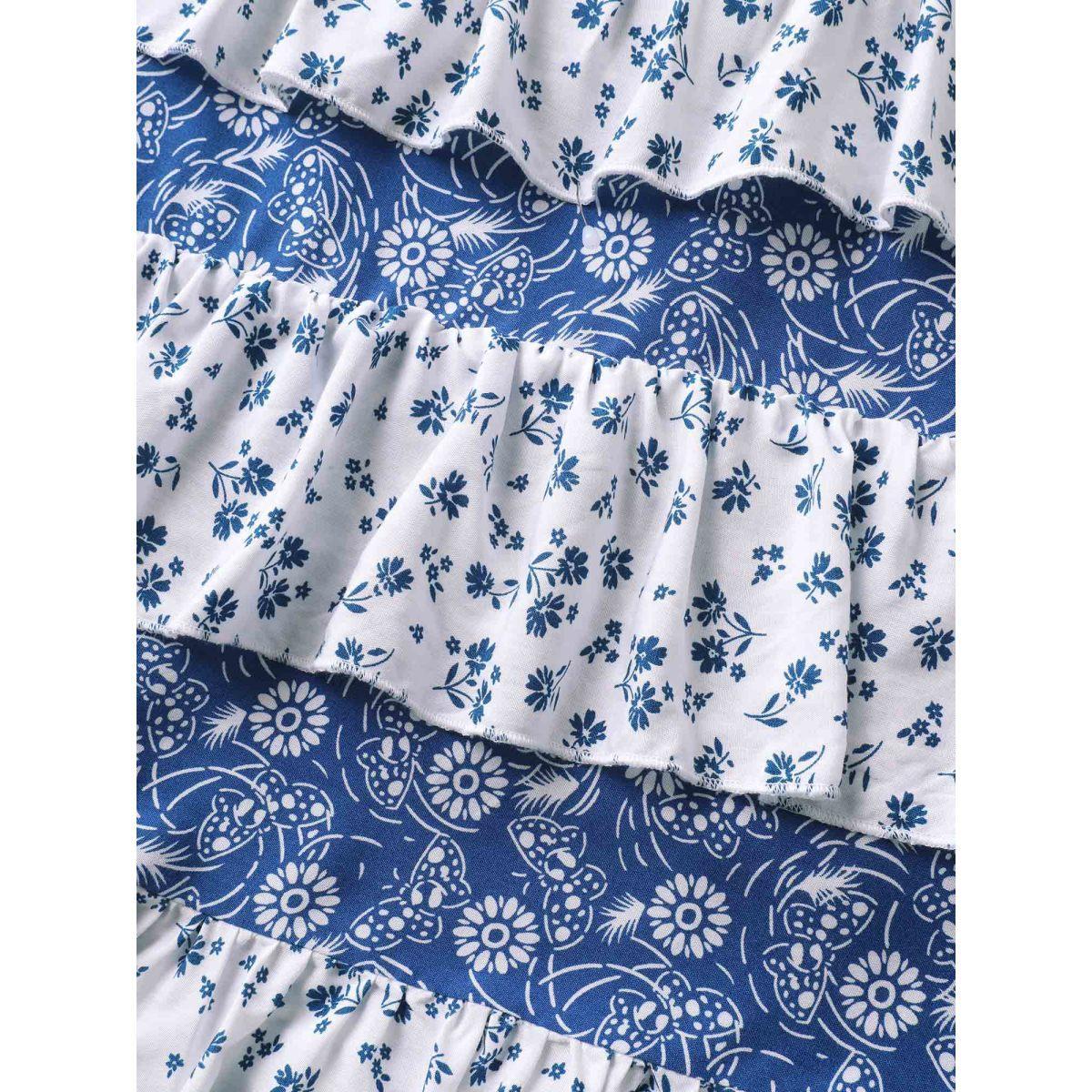 Plus Size Floral Patchwork Tiered Maxi Skirt Women Mediumblue Gathered Loose No stretch Side seam pocket Vacation Skirts BloomChic 18-20/2X Product Image