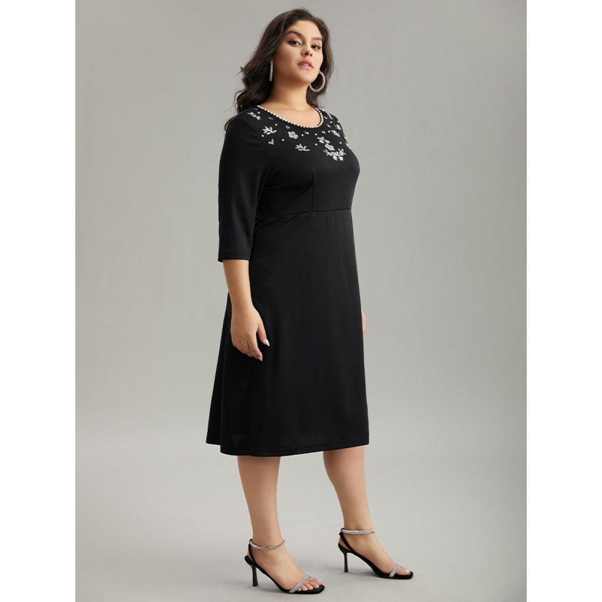 Plus Size Round Neck Sequin Pearl Beaded Dress Black Women Glamour Beaded Round Neck Elbow-length sleeve Curvy Midi Dress BloomChic 10/M Product Image