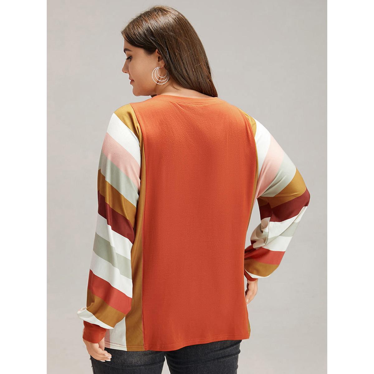 Plus Size Colour Striped V Neck Batwing Sleeve T-shirt Multicolor Women Casual Elastic cuffs Striped V-neck Dailywear T-shirts BloomChic 28/5X Product Image
