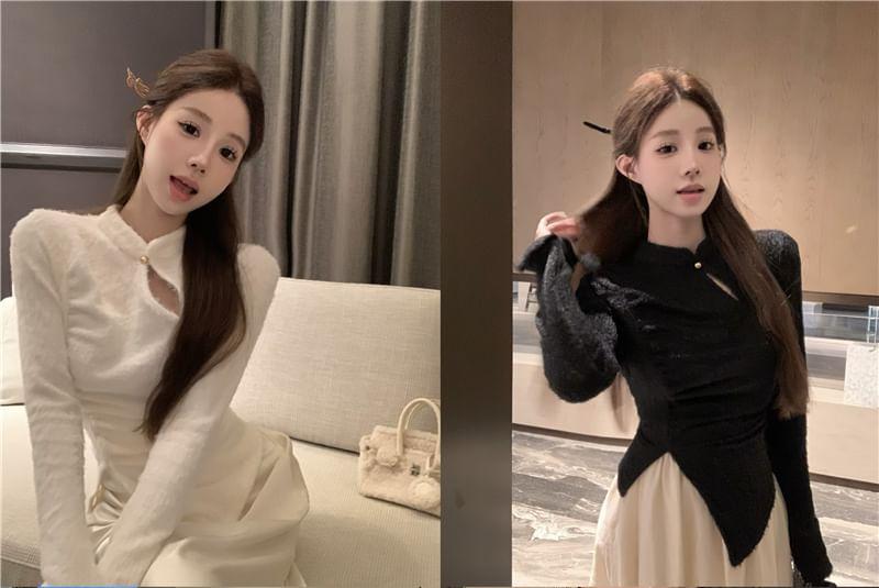 Long Sleeve Mandarin Collar Plain Keyhole Knit Top Product Image