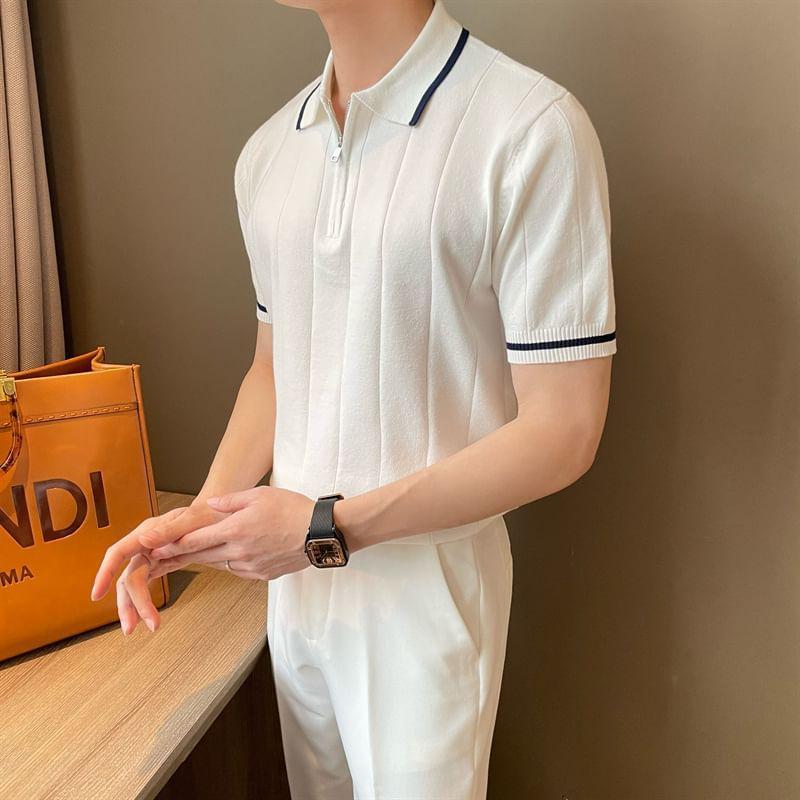 Short-Sleeve Collared Contrast Trim Half-Zip Knit Top Product Image