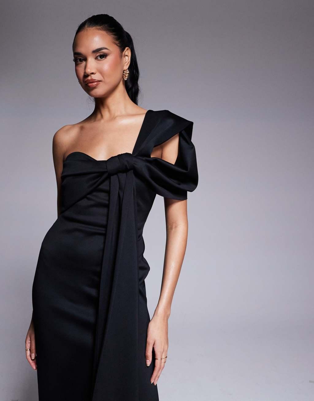 ASOS DESIGN scuba off the shoulder bow detail midi dress in black Product Image