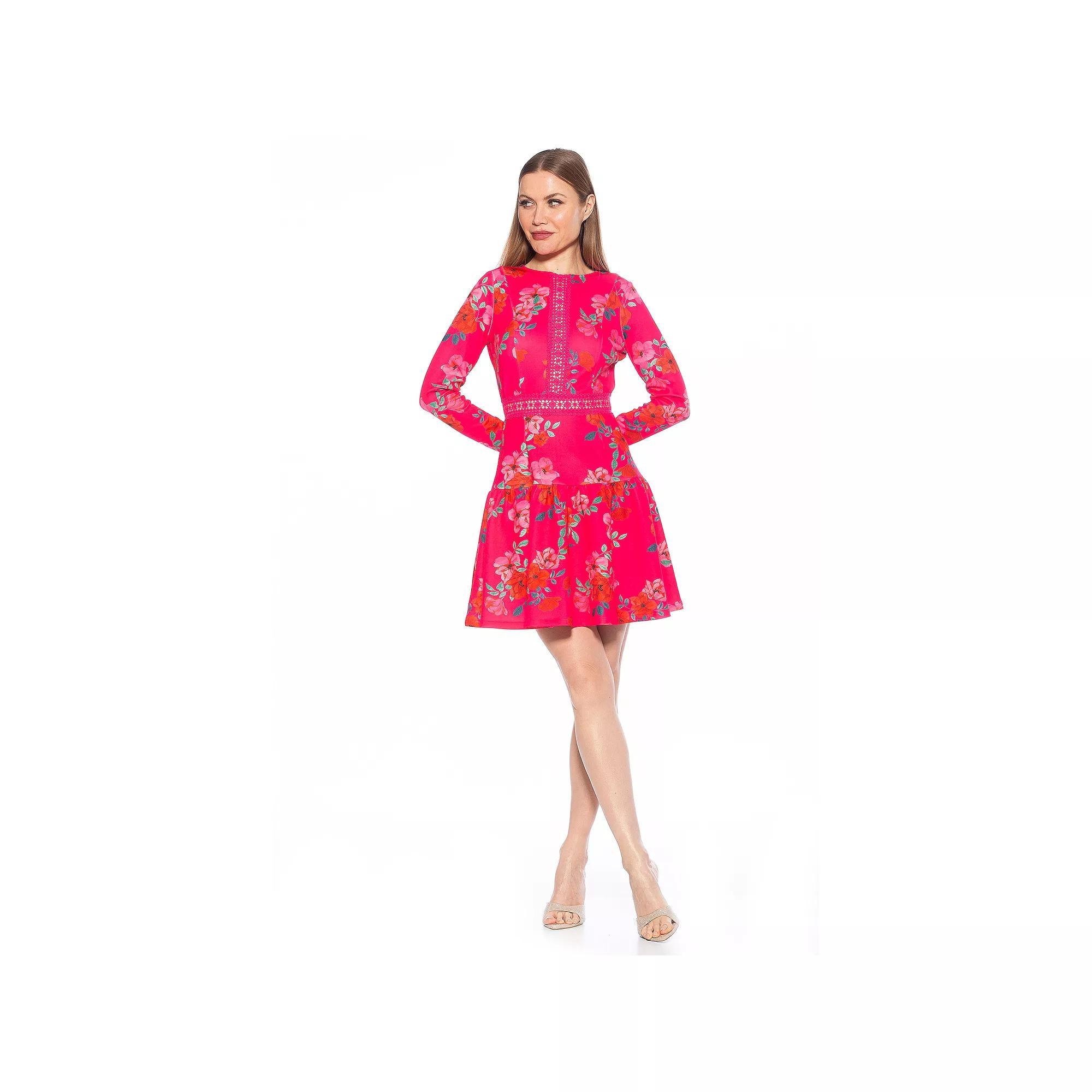 Women's ALEXIA ADMOR Alexa Long Sleeve Lace Trim Floral Print Mini Dress, Size: 6, Black Team Product Image