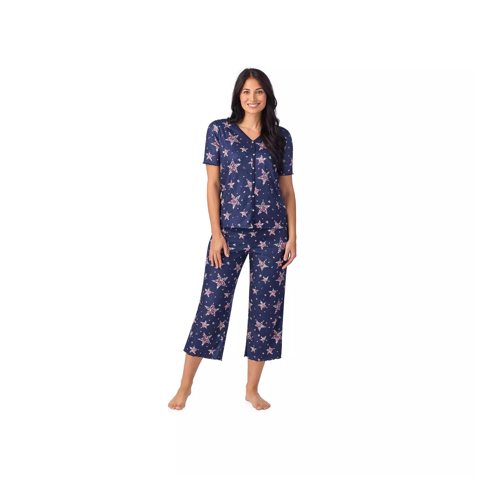 Women's Cuddl Duds® Pointelle Button-Front Pajama Top & Cropped Pajama Bottoms Set, Size: Small, Blue Stars Product Image