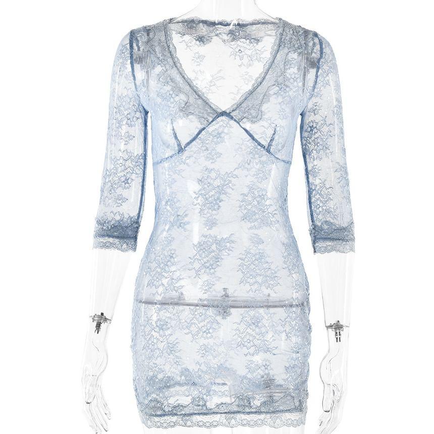 Elbow-Sleeve V-Neck Lace Mini A-Line Dress Product Image