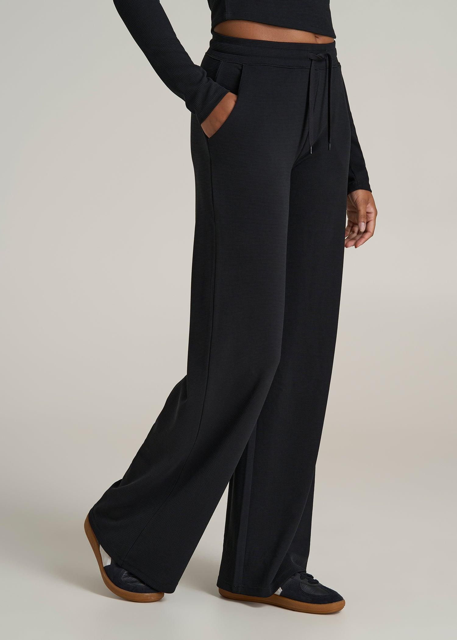 Mid-Rise Waffle Wide-Leg Pants for Tall Women in Black Product Image