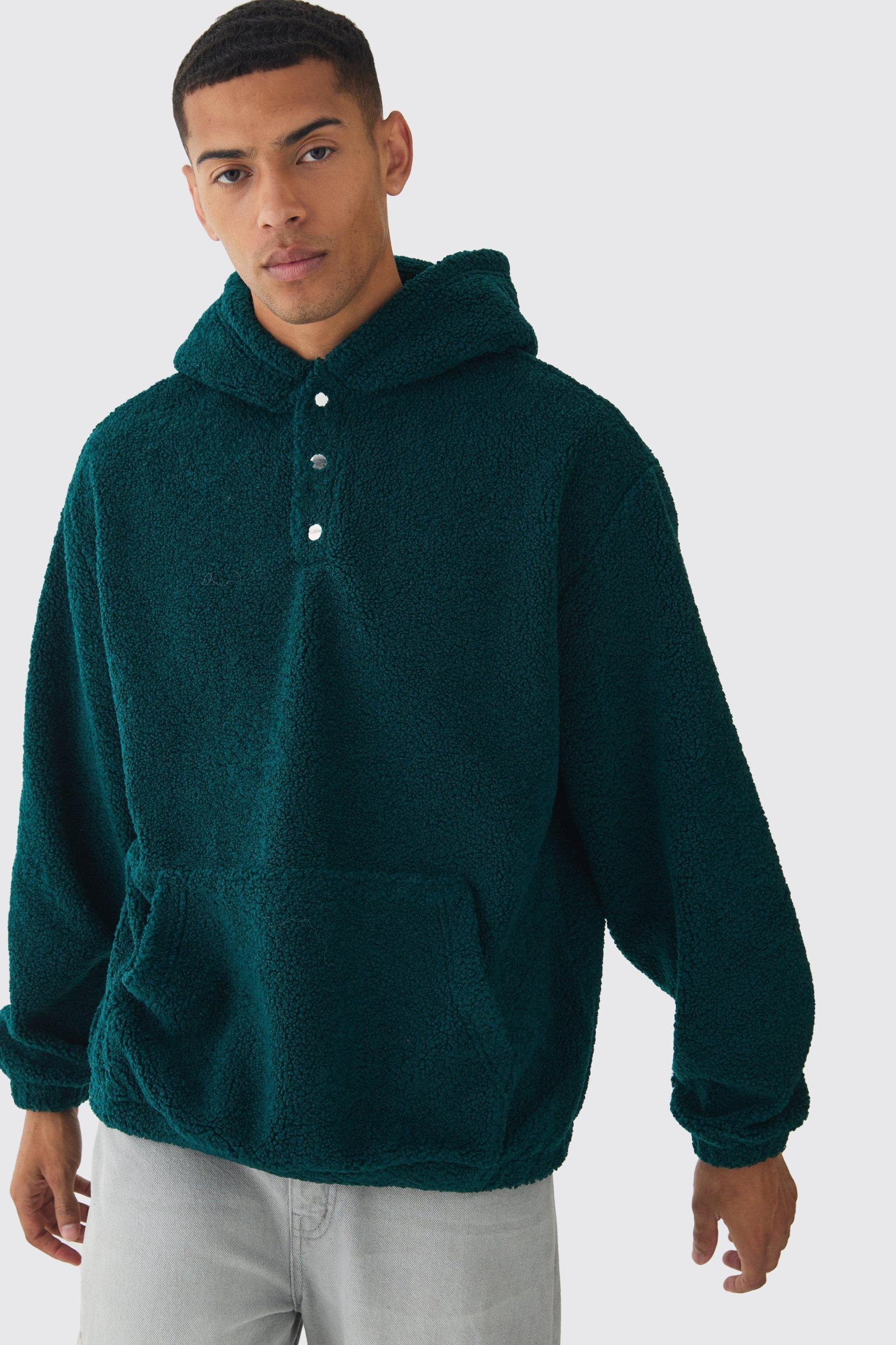 Oversized Boucle Borg Popper Neck Hoodie | boohooMAN USA Product Image