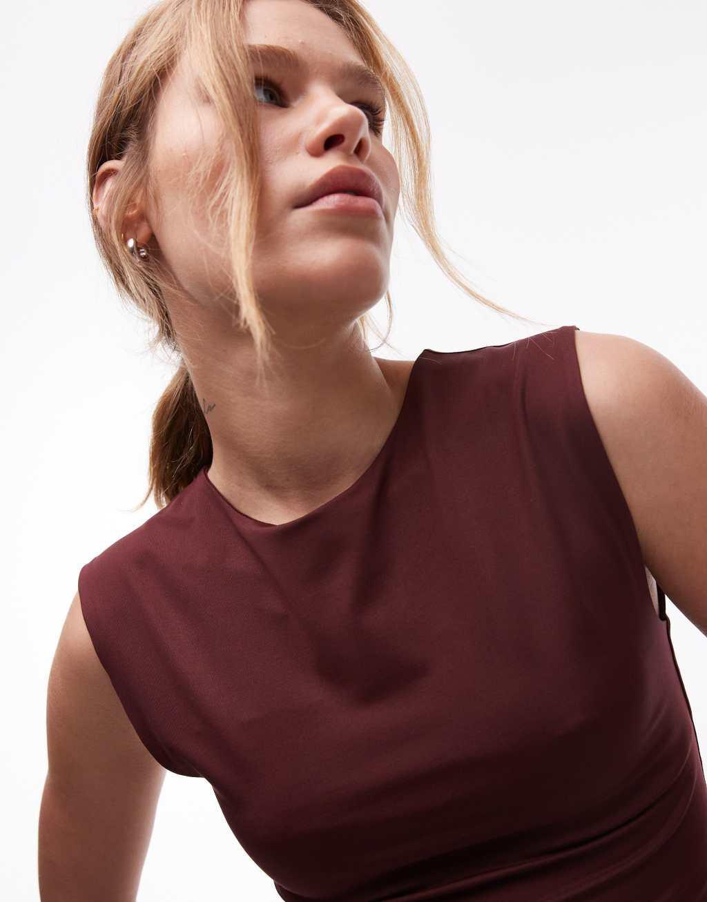 Topshop short sleeve slinky top in brown Product Image