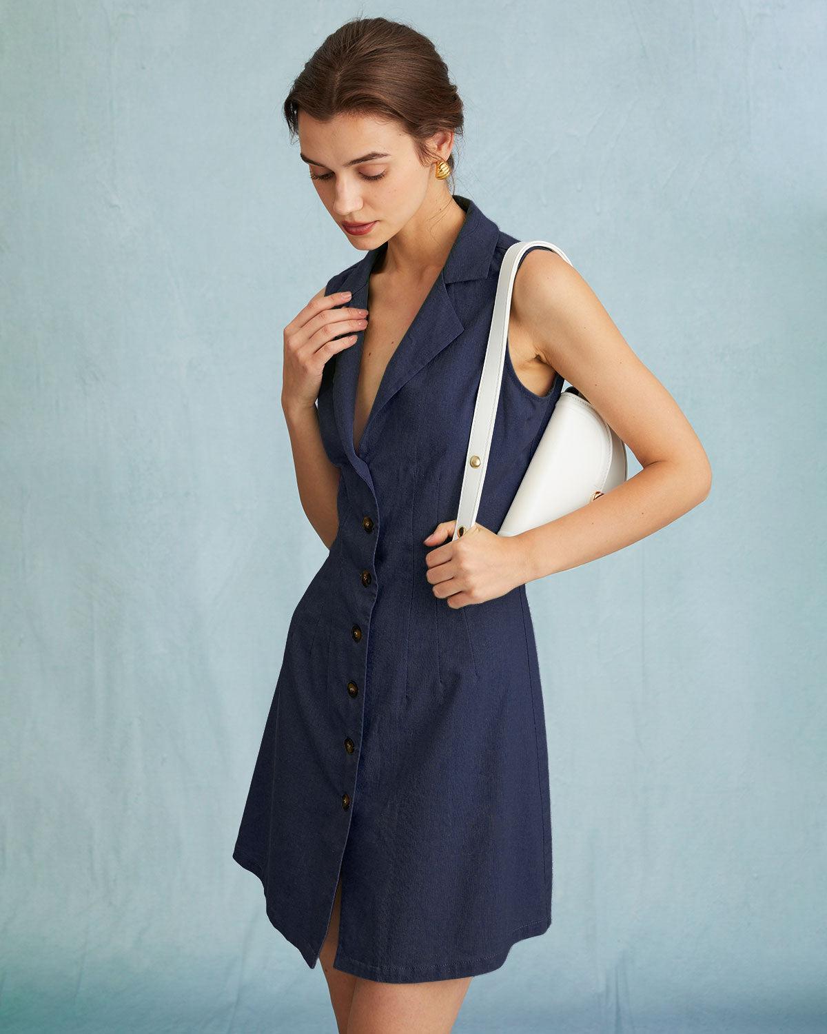 The Navy Lapel Button-up Sleeveless Mini Dress Product Image