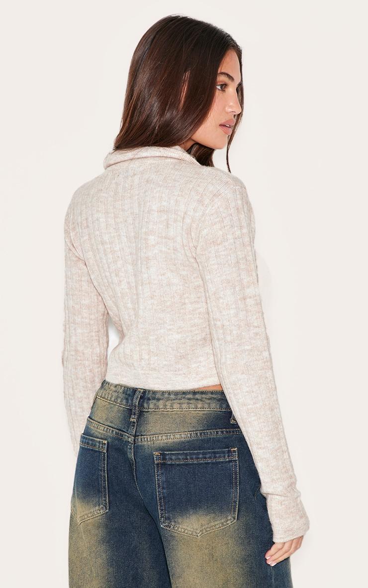 Oatmeal Marl Soft Rib Knit Crop Collar Detail Top Product Image