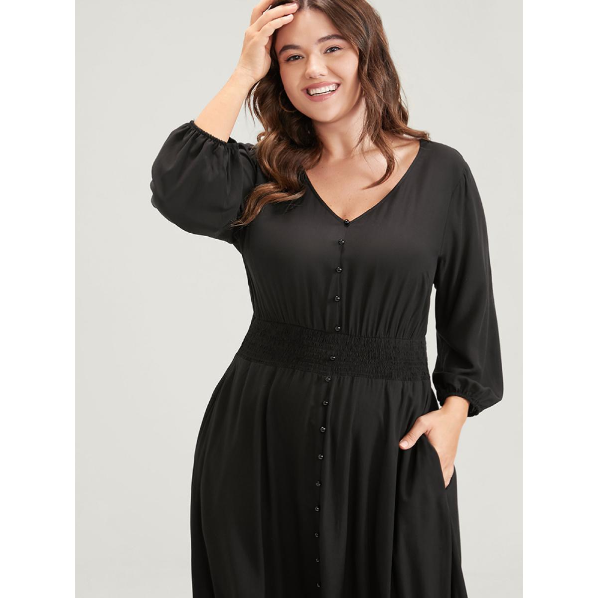 Plus Size Solid V Neck Lantern Sleeve Pocket Button Shirred Split Dress Black Women Elegant Elastic Waist V-neck Elbow-length sleeve Curvy Midi Dress BloomChic 14-16/1X Product Image