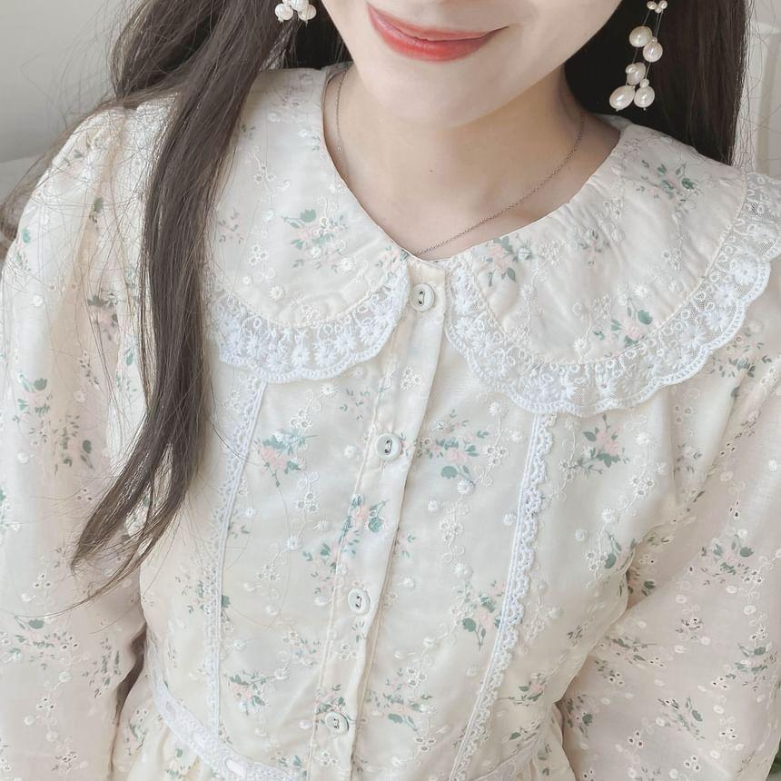 Long-Sleeve Peter Pan Collar Floral Print Lace Trim Half-Buttoned Midi A-Line Dress Product Image