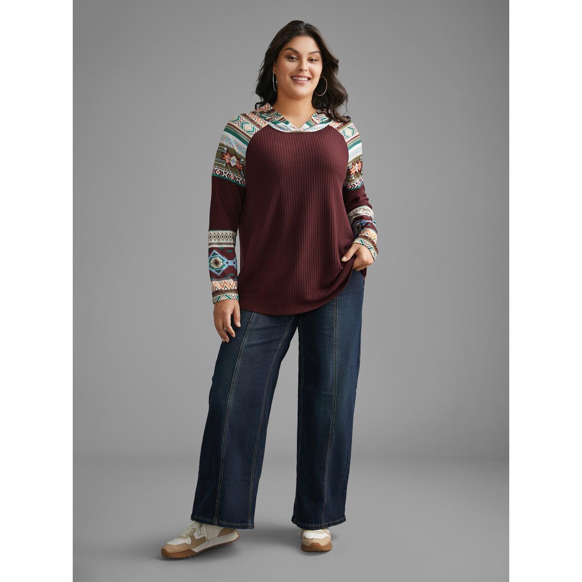 Plus Size Bandana Print Texture Patchwork Hooded T-shirt Plum Women Casual Texture Hooded Everyday T-shirts BloomChic 22-24/3X Product Image
