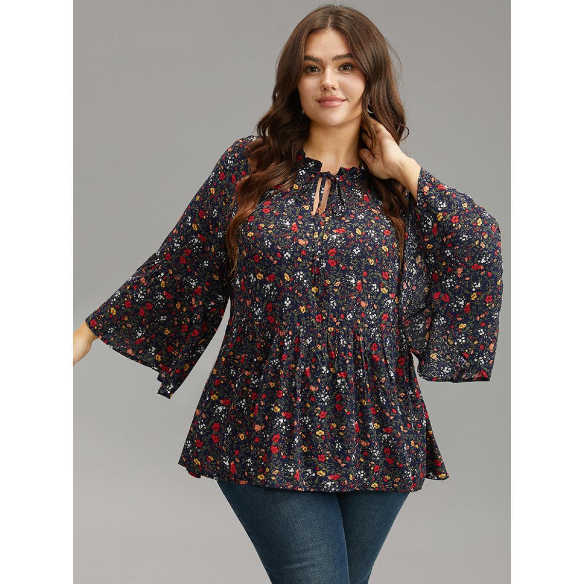 Plus Size Indigo Floral Tie Neck Frill Trim Bell Sleeve Blouse Women Elegant Long Sleeve Tie Neck Dailywear Blouses BloomChic 14-16/1X Product Image