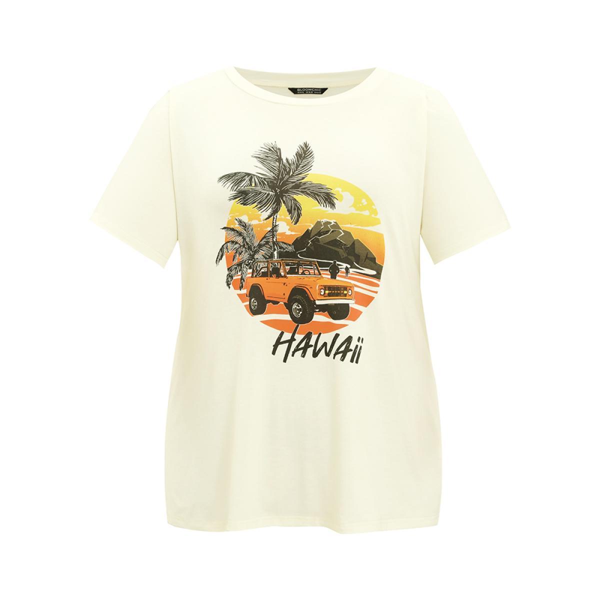 Plus Size Coconut Tree & Car Print Crew Neck T-shirt Beige Women Casual Tropical Dailywear T-shirts BloomChic 22-24/3X Product Image