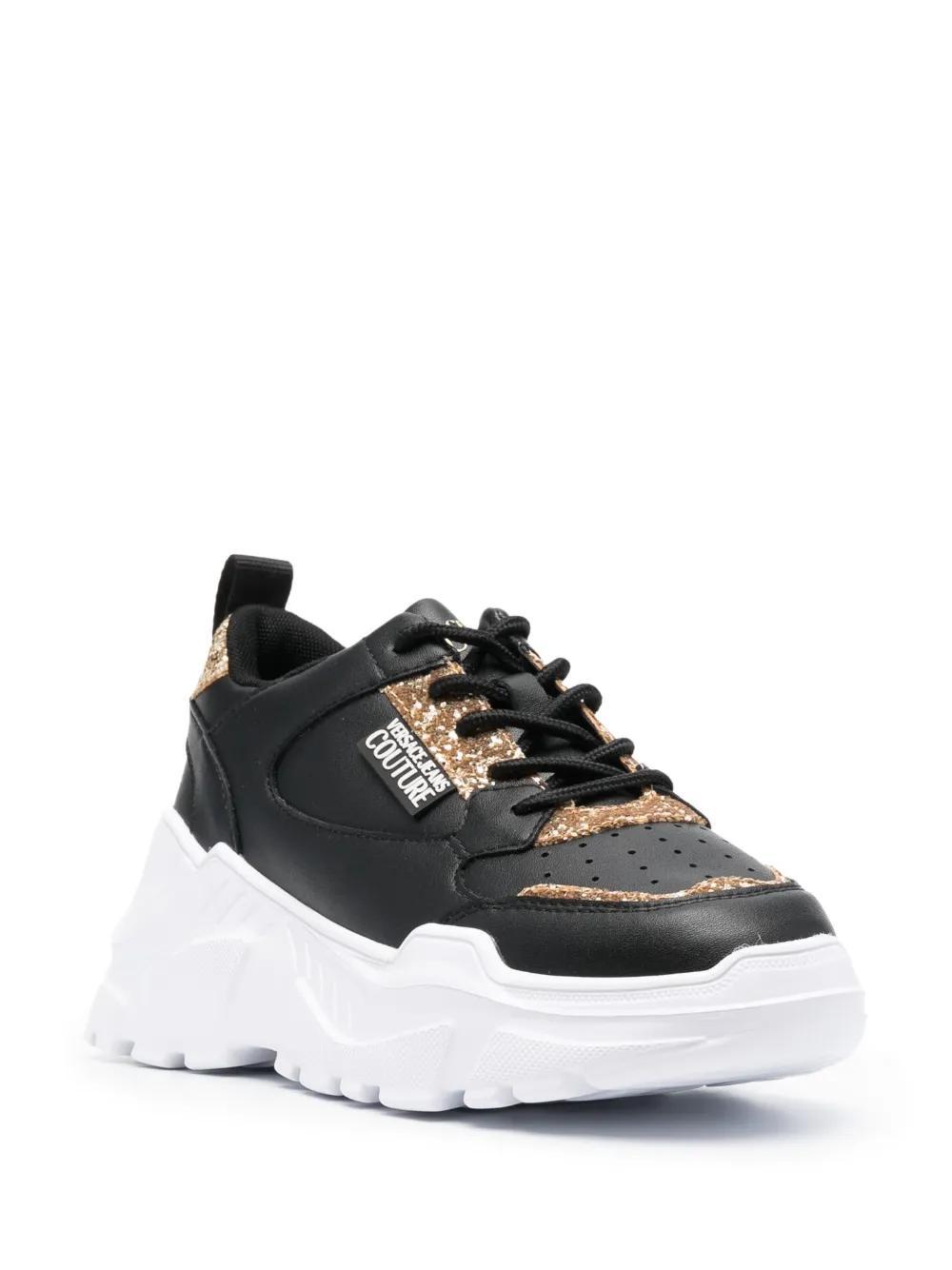 VERSACE JEANS COUTURE Logo-patch Glitter-detailing Sneakers In Black, Gold, White Product Image
