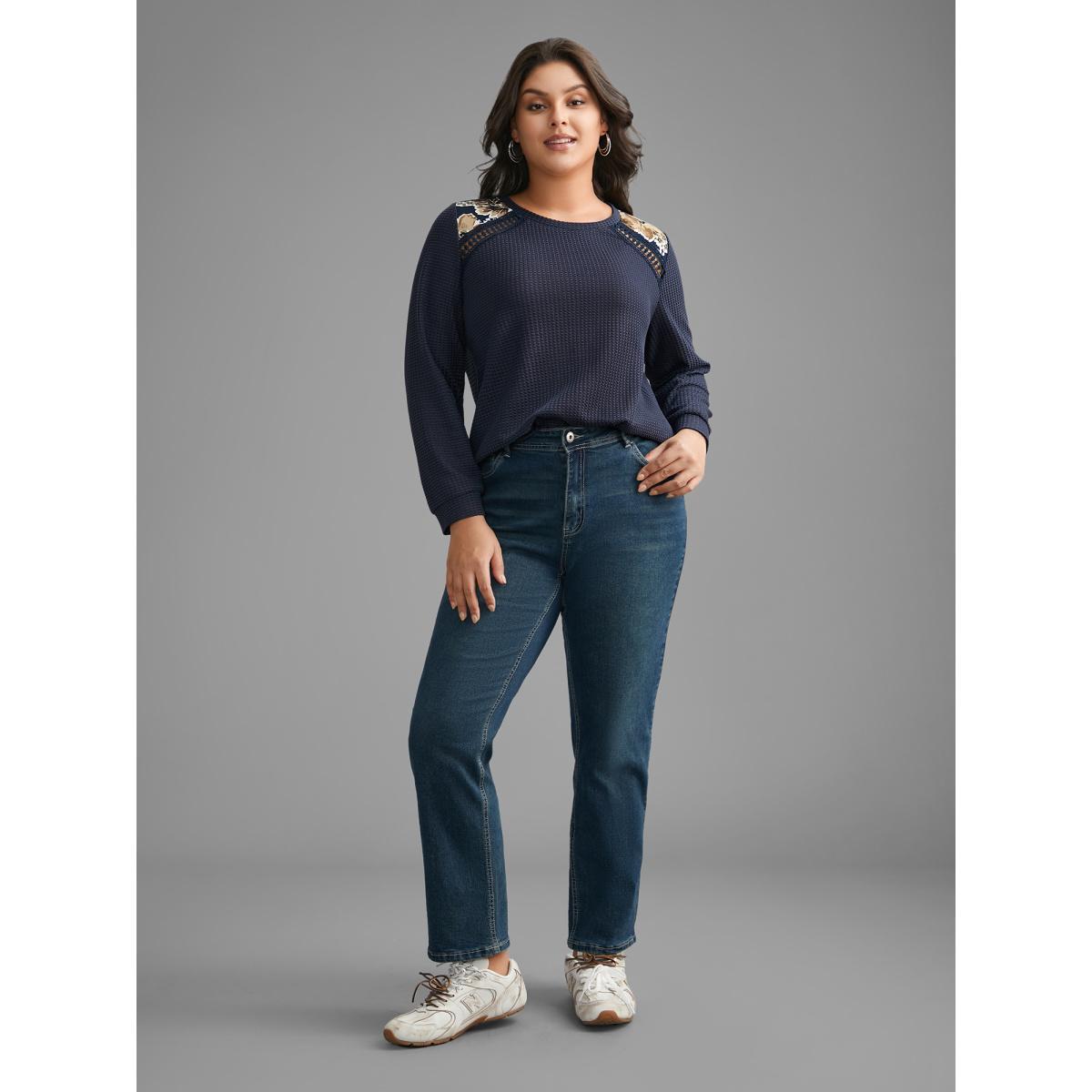 Plus Size Natural Flowers Patchwork Woven Ribbon T-shirt Indigo Women Casual Woven ribbon&lace trim Round Neck Everyday T-shirts BloomChic 14-16/1X Product Image