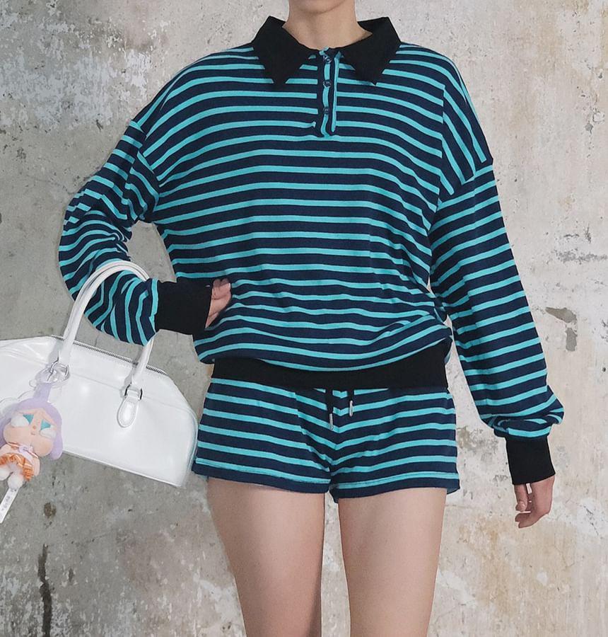 Set: Striped Contrast Trim Polo Sweatshirt + Drawstring Waist Hot Pants Product Image