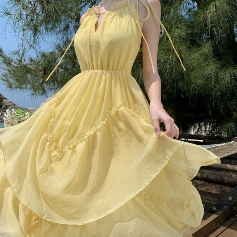 Sleeveless Chiffon Plain Maxi A-Line Dress Product Image