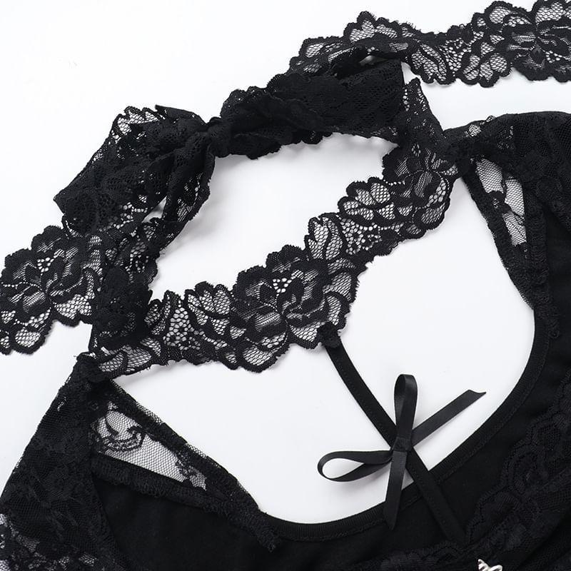 Long-Sleeve Halter Cutout Floral Lace Panel Mini Sheath Dress Product Image