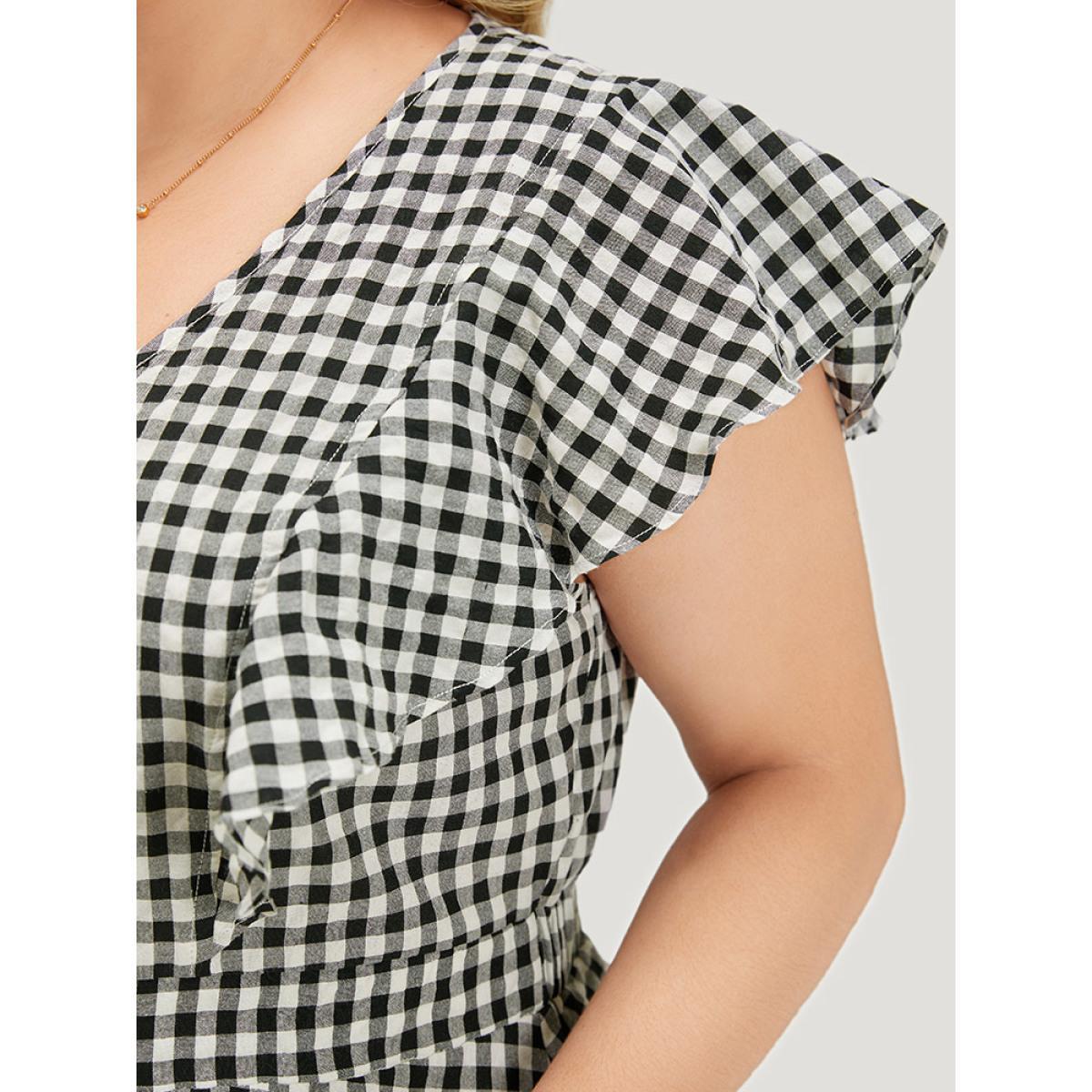 Plus Size Gingham Button Detail Pocket Ruffle Cap Sleeve Dress Black Women Elegant Button V-neck Cap Sleeve Curvy Knee Dress BloomChic 12/L Product Image