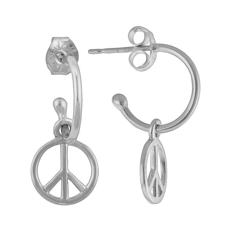 Silver Plated Peace Sign Hoop Drop Earrings, Women's Product Image