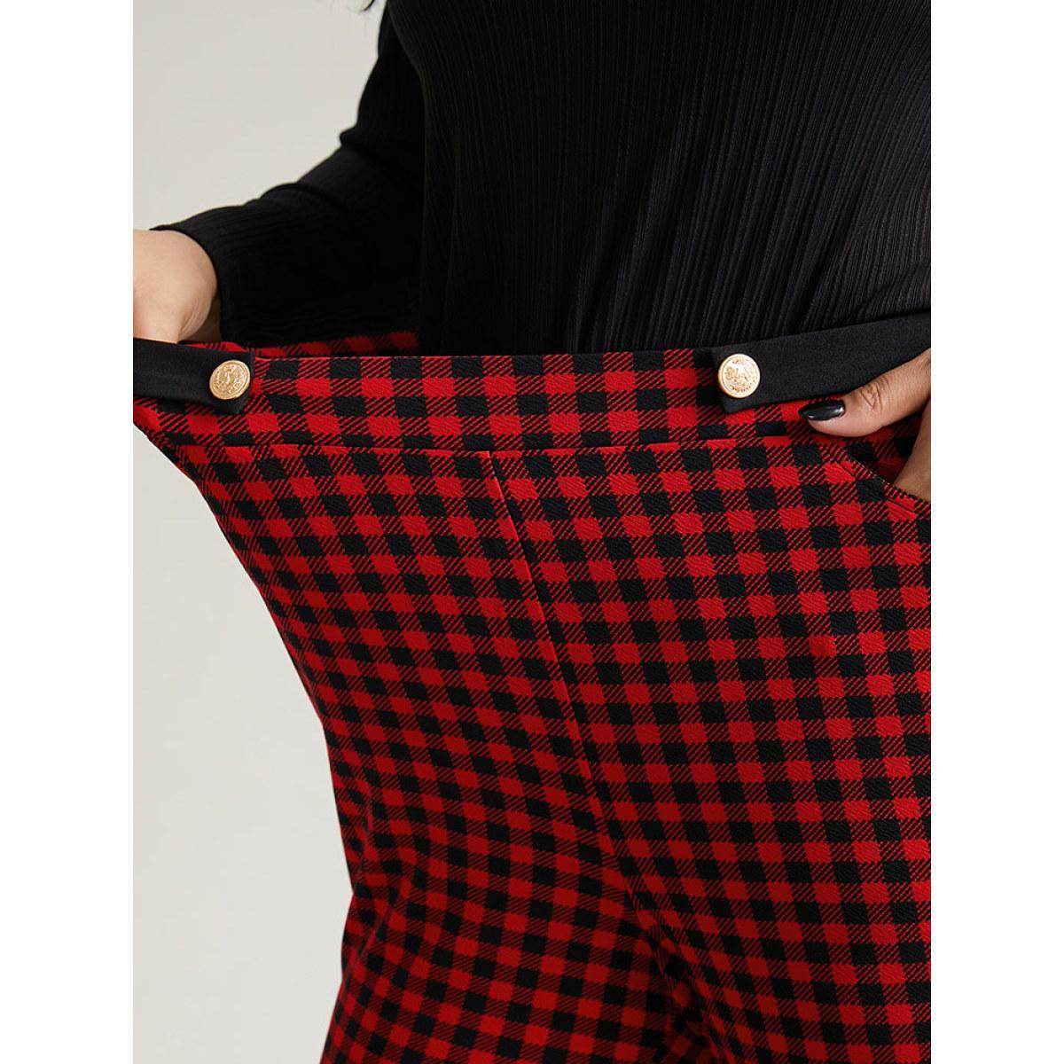 Plus Size Gingham Bootcut Split Hem Metal Detail Pants Women Raspberry Elegant Flare Leg High Rise Festival-Christmas Pants BloomChic 10/M Product Image