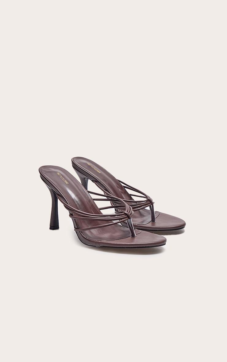 Chocolate Pu Round Toe Thong Strappy Mid Heeled Mules Product Image