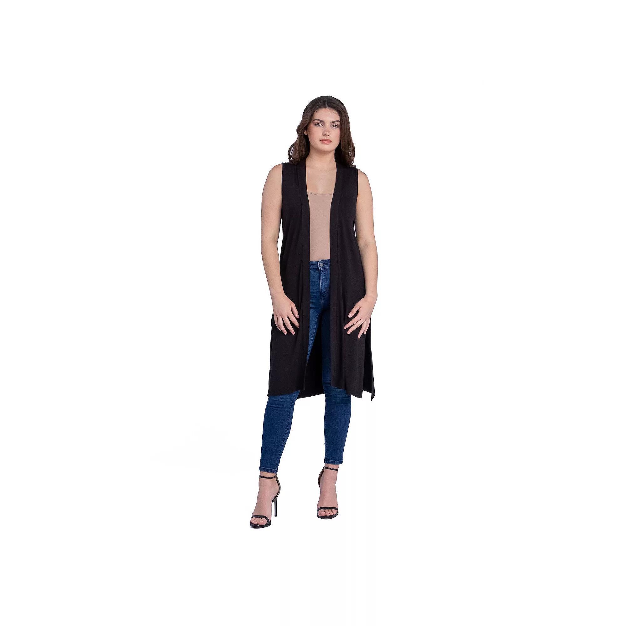 Women's 24Seven Comfort Apparel Sleeveless Long Cardigan Vest with Side Slit, Size: XL, Black Product Image