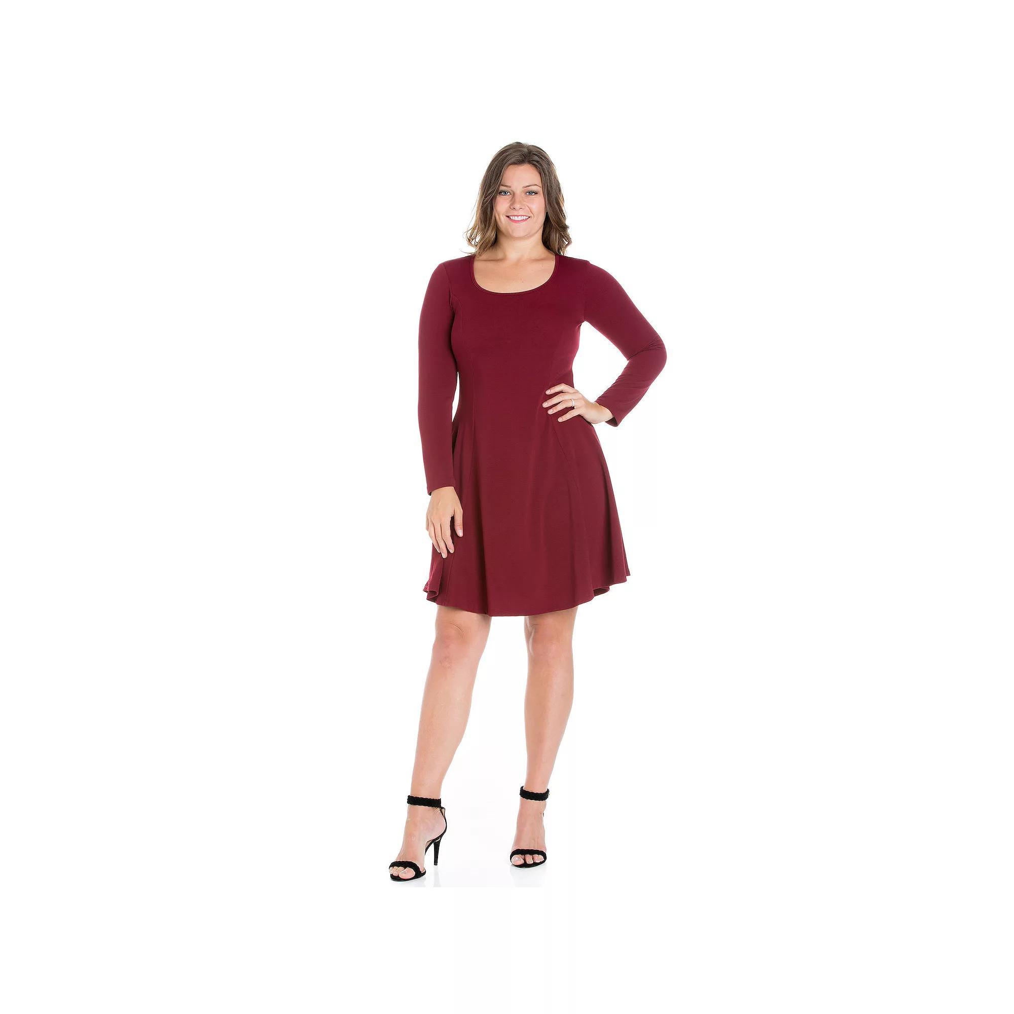 Plus Size 24seven Comfort Apparel Long Sleeve Knee Length Skater Dress, Women's, Size: 2XL, Red Product Image