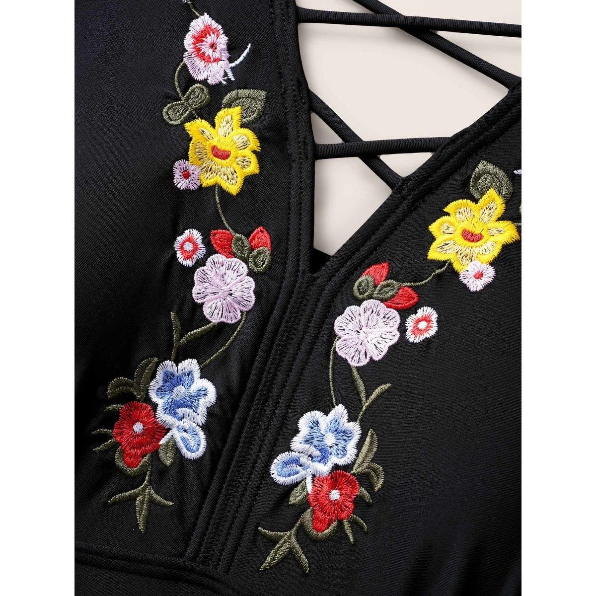 Plus Size Floral Embroidered Ruched Crisscross One Piece Swimsuit Women's Swimwear Black Beach Gathered Curve Bathing Suits High stretch One Pieces BloomChic 26/4X Product Image