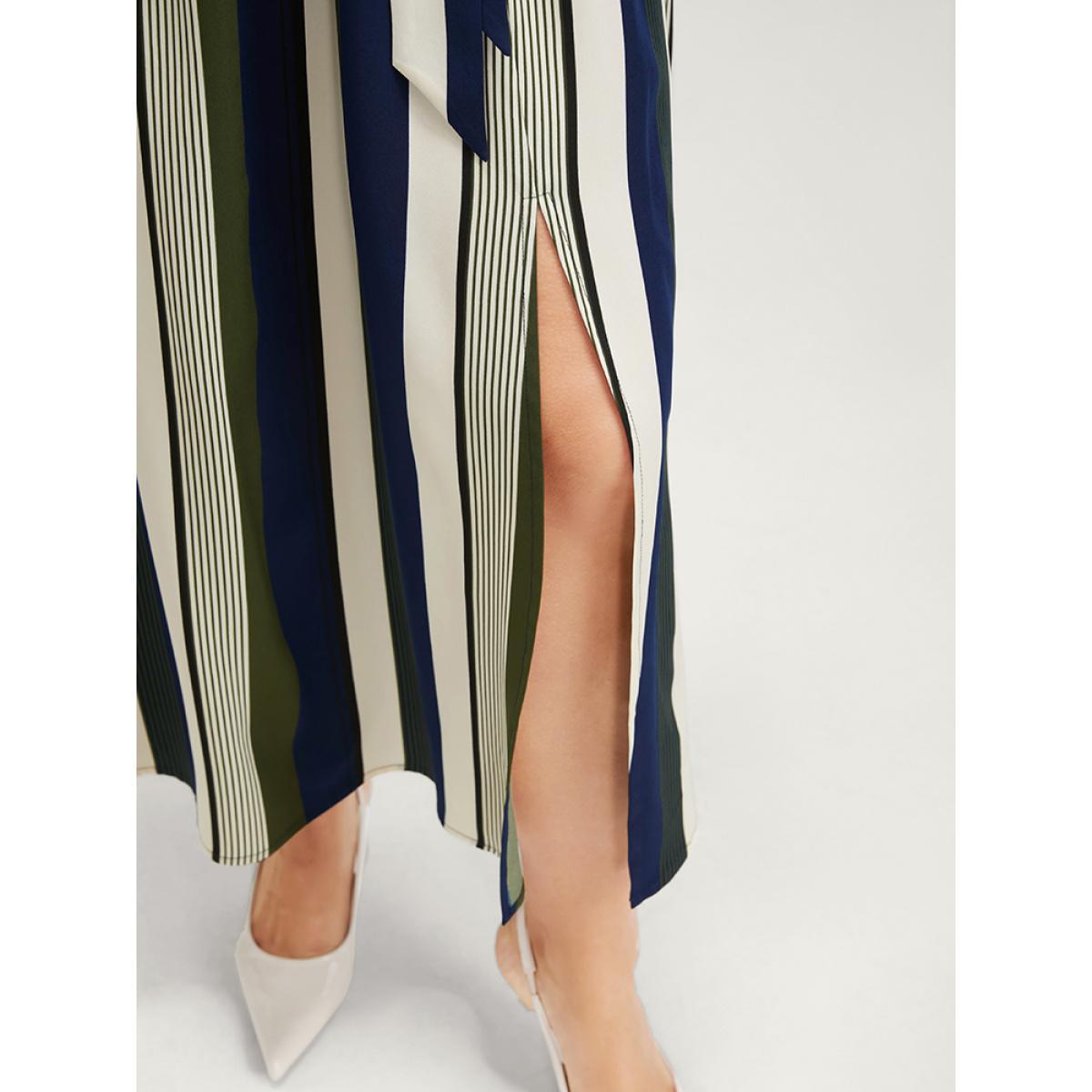 Plus Size Striped Pocket Split Belted Lapel Collar Midi Dress ArmyGreen Women Office Pocket Lapel Collar Long Sleeve Curvy Midi Dress BloomChic 10/M Product Image