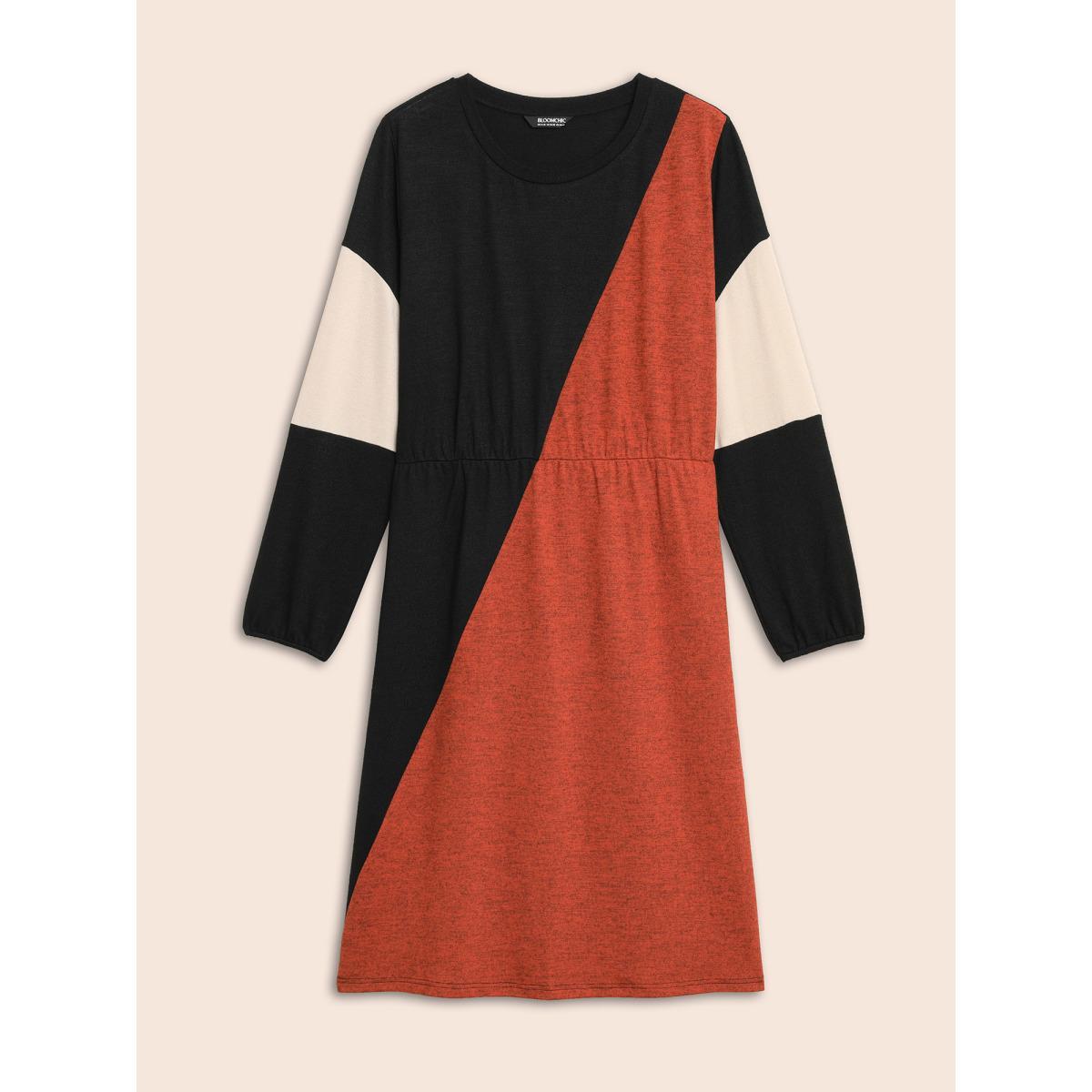 Plus Size Contrast Patchwork Lantern Sleeve Dress Black Women Casual Contrast Round Neck Long Sleeve Curvy BloomChic 18-20/2X Product Image