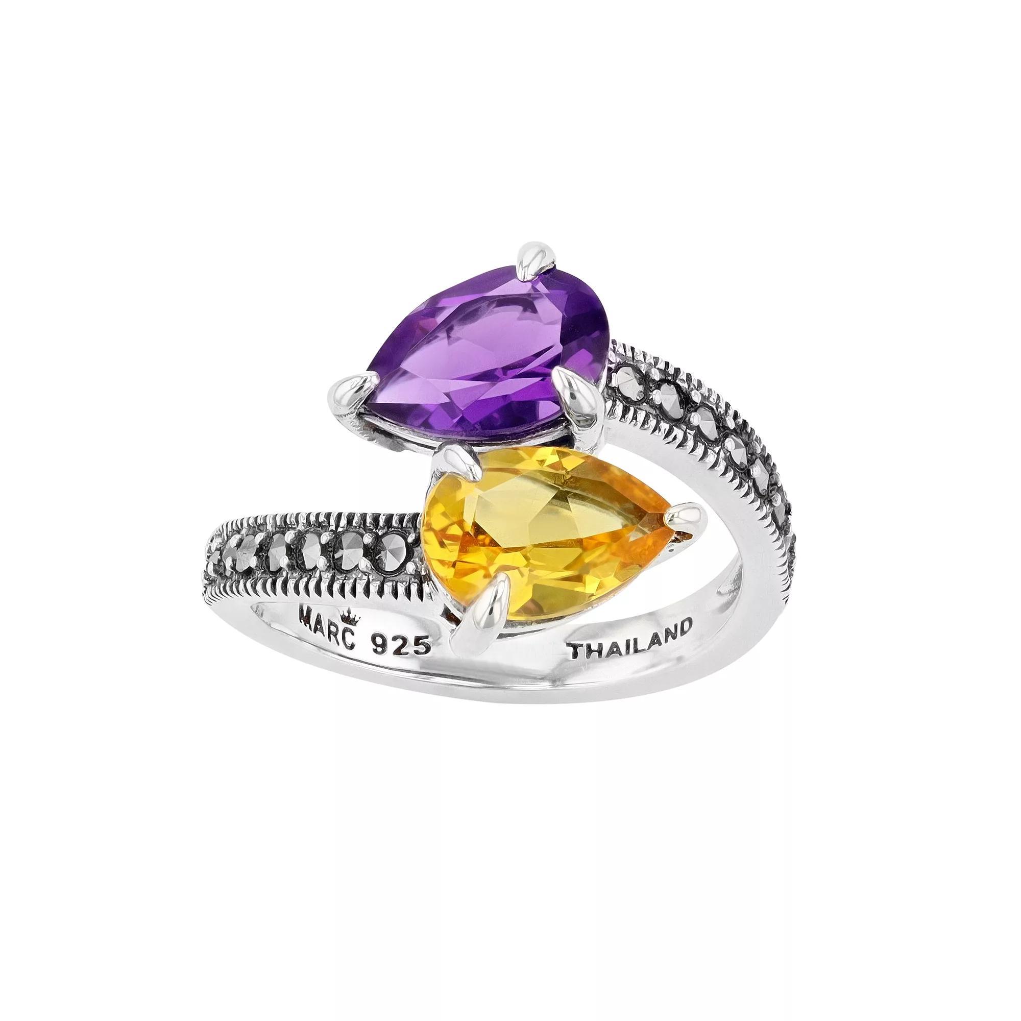 Lavish by TJM Sterling Silver Simulated Amethyst & Simulated Citrine with Marcasite 2-Stone Ring, Women's, Size: 8 Product Image