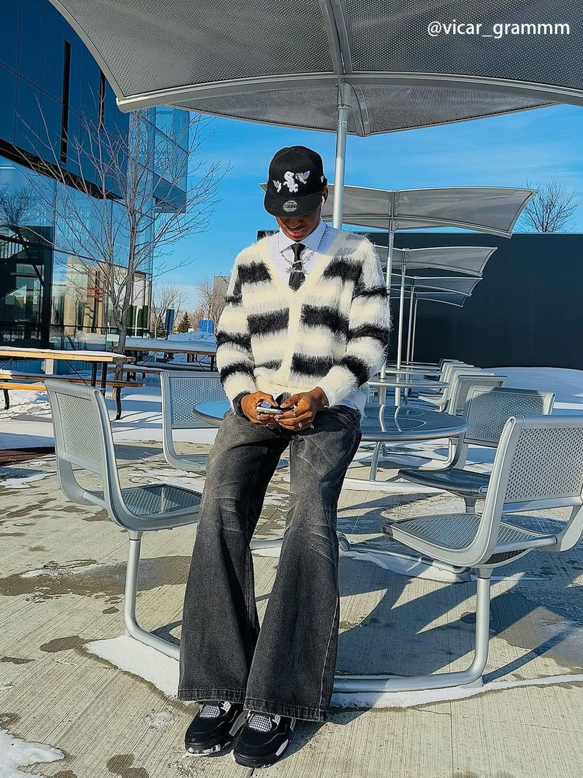 Aelfric Eden Color Blocking Striped Fuzzy Cardigan Product Image