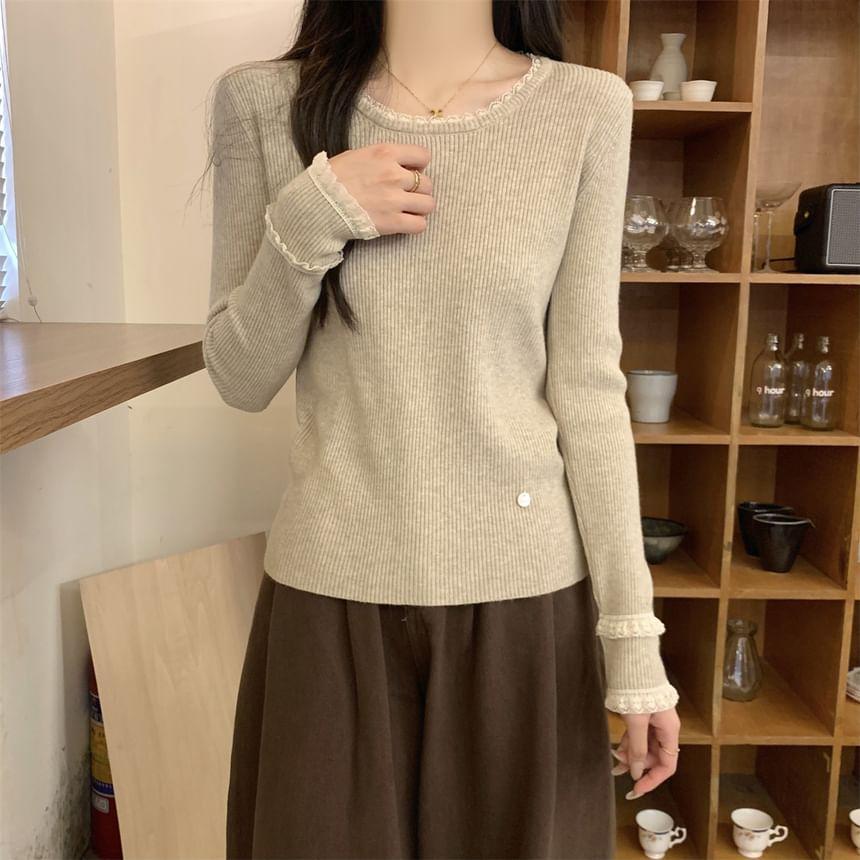 Long-Sleeve Round Neck Lace Trim Slim Fit Knit Top Product Image