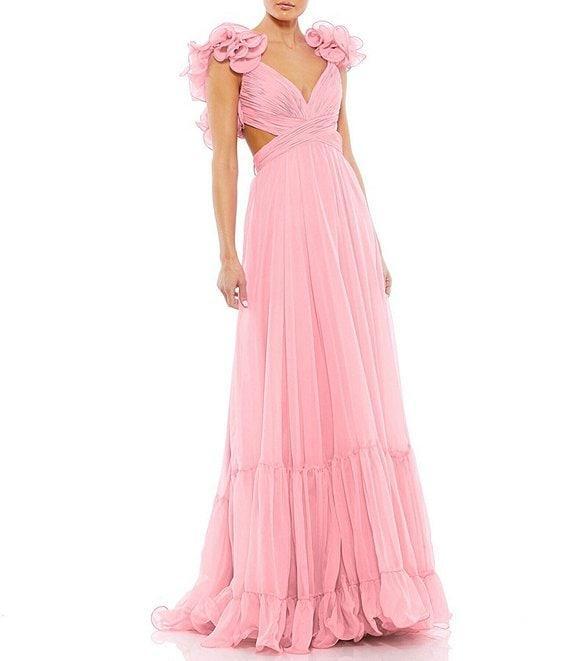 Ieena Mac Duggal Chiffon V-Neck Sleeveless Cut-Out Strappy Back Detail Tiered Ruffle Hem Gown Product Image