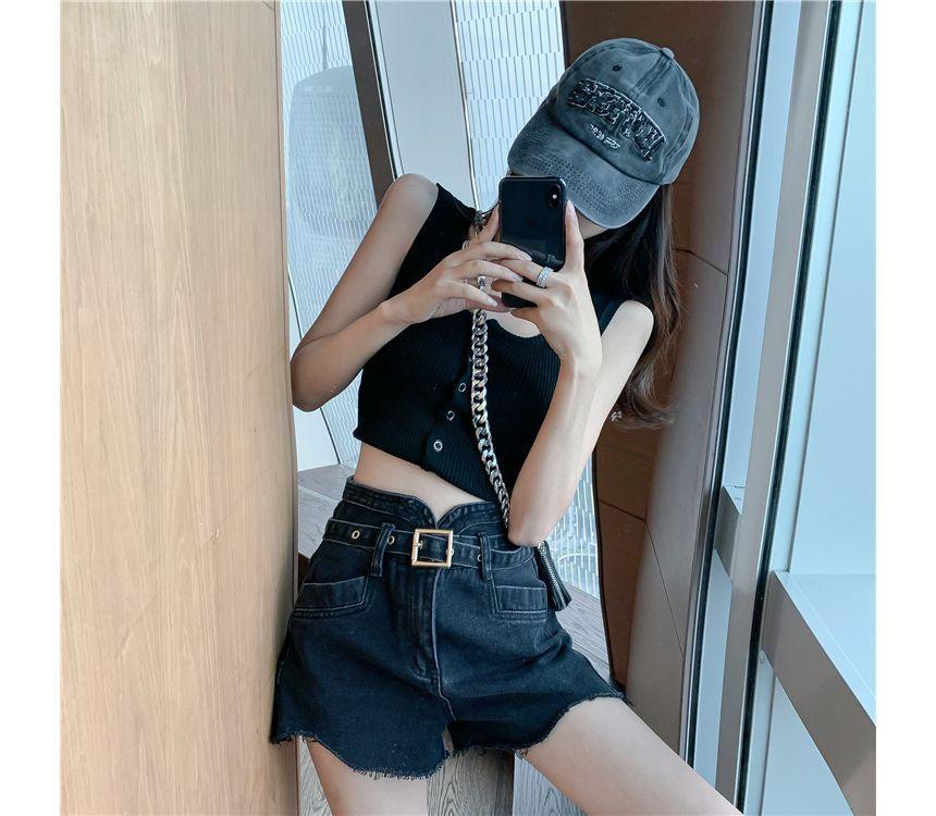 High Waist Washed Belted Fray Denim Shorts Product Image