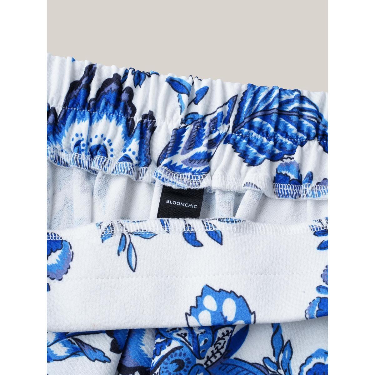 Plus Size Floral Print Flared Midi Skirt Women LightBlue Elegant Contrast Bodycon Low stretch Side seam pocket Everyday-Elegant Skirts BloomChic 30/6X Product Image