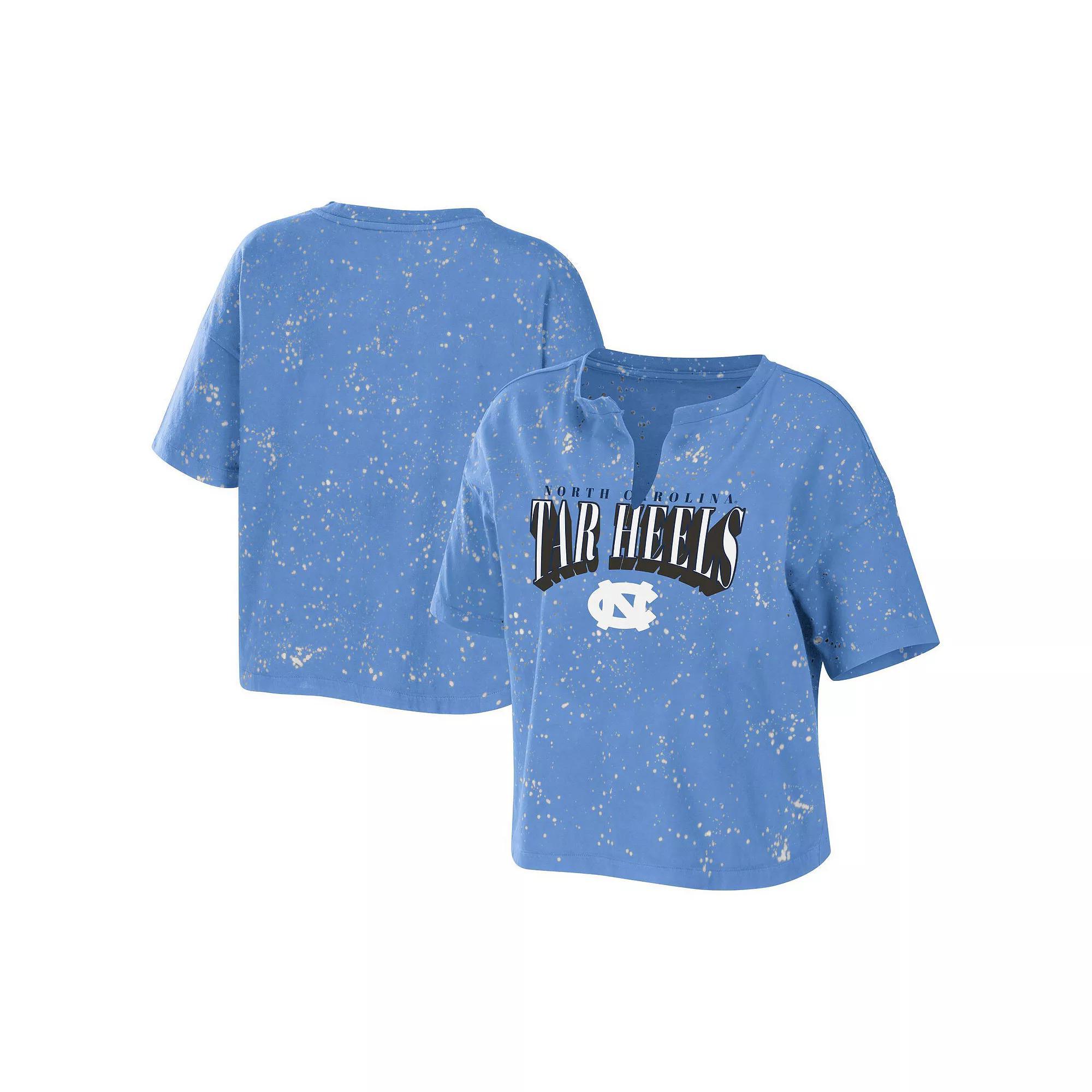 Women's WEAR by Erin Andrews Carolina Blue North Carolina Tar Heels Bleach Wash Splatter Notch Neck T-Shirt, Size: XL, Light Product Image