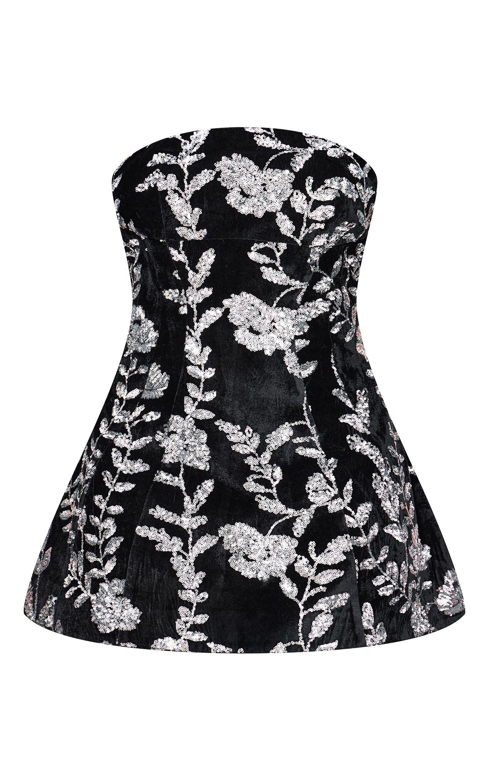 Black Velvet Floral Sequin Embellished A-line Dress Product Image