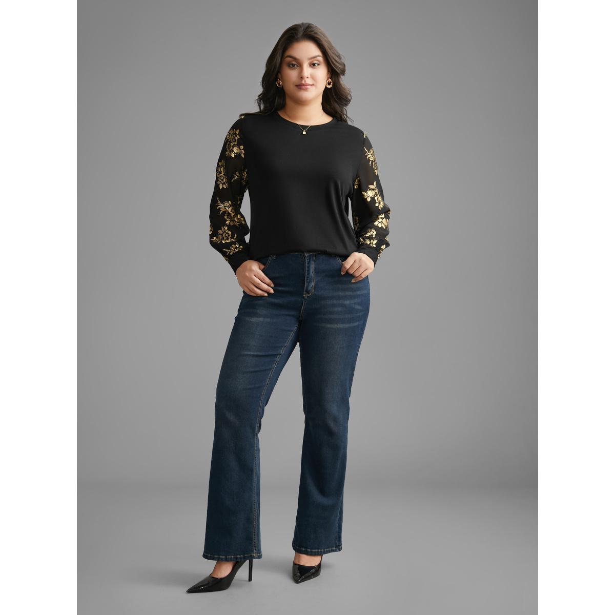 Plus Size Glitter Floral Patchwork Mesh T-shirt Black Women Elegant Contrast Natural Flowers Round Neck Everyday T-shirts BloomChic 18-20/2X Product Image