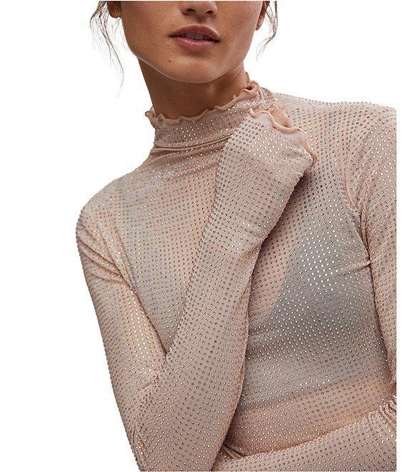 Free People Dance All Night Sheer Embellished Mesh Mock Neck Long Sleeve Fitted Top Product Image